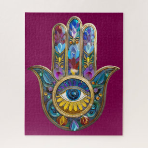 Colourful Petals Leaves Hamsa Sapphire Third Eye Jigsaw Puzzle