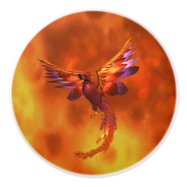 Colourful Phoenix Flying Against a Fiery Backgroun Ceramic Knob (Front)