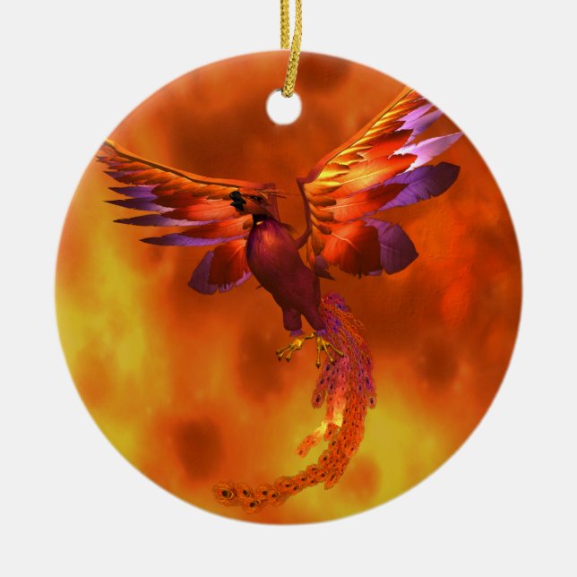 Colourful Phoenix Flying Against a Fiery Backgroun Ceramic Ornament (Front)