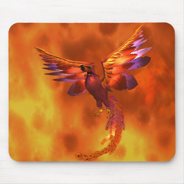 Colourful Phoenix Flying Against a Fiery Backgroun Mouse Pad (Front)