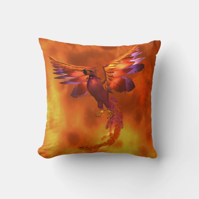 Colourful Phoenix Flying Against a Fiery Backgroun Throw Pillow (Front)