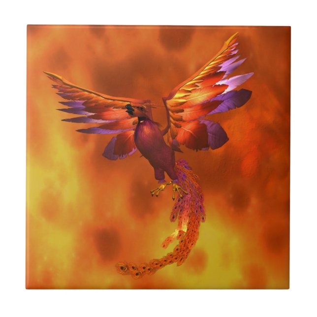 Colourful Phoenix Flying Against a Fiery Backgroun Tile (Front)