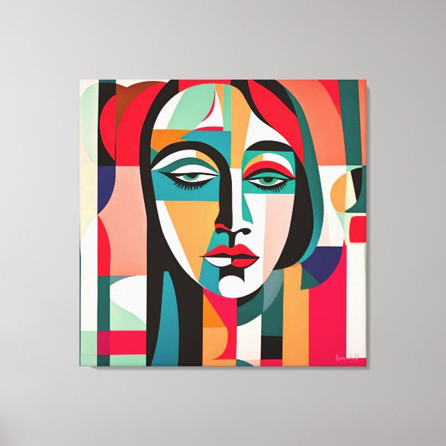 COLOURFUL PICASSO STYLE CUBIST PORTRAIT WOMAN CANVAS PRINT (Front)