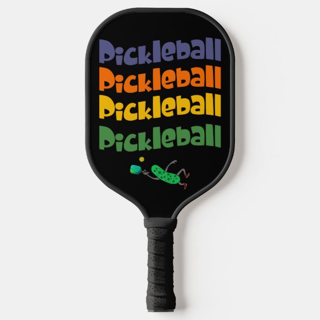 Colourful Pickle Playing Pickleball and Text  Paddle (Front)
