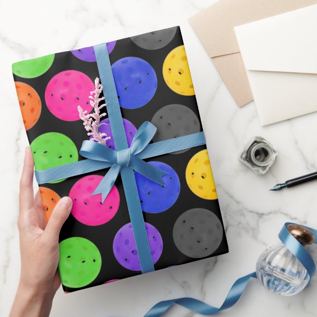 Colourful Pickleball on Black Wrapping Paper (Gifting)