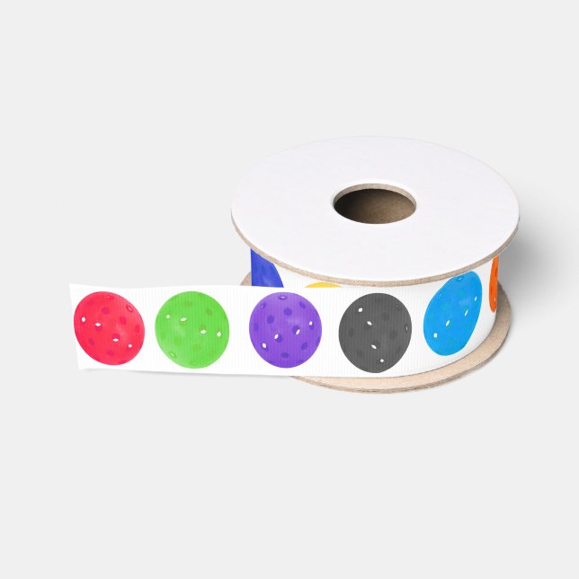 Colourful Pickleball On White Grosgrain Ribbon (Spool)