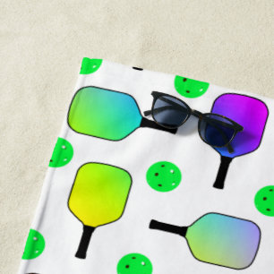 Colourful Pickleball Paddles Green Personalized Beach Towel