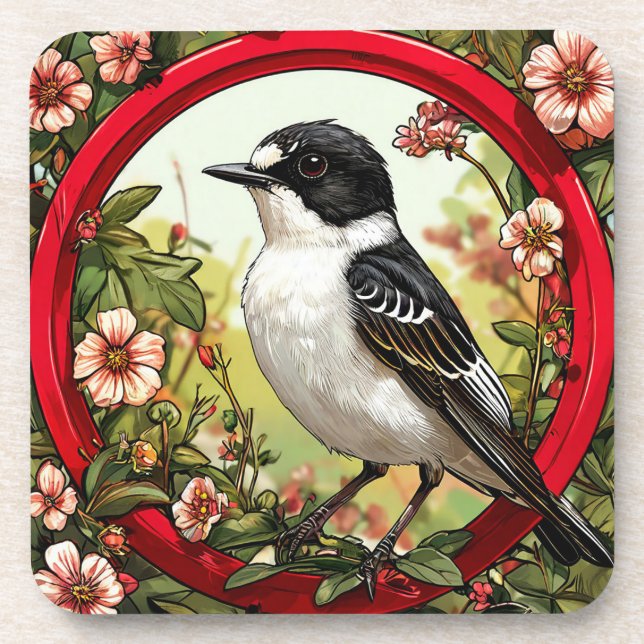 Colourful Pied flycatcher Bird Coaster (Front)