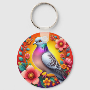 Colourful Pigeon Surrounded by Vibrant Flowers Keychain