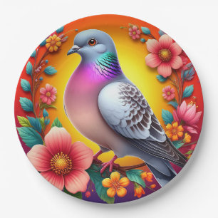 Colourful Pigeon Surrounded by Vibrant Flowers Paper Plate
