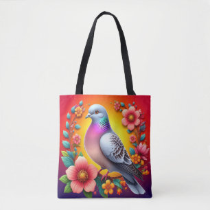 Colourful Pigeon Surrounded by Vibrant Flowers Tote Bag
