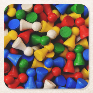 Colourful Pile of Wooden Game Pieces Square Paper Coaster