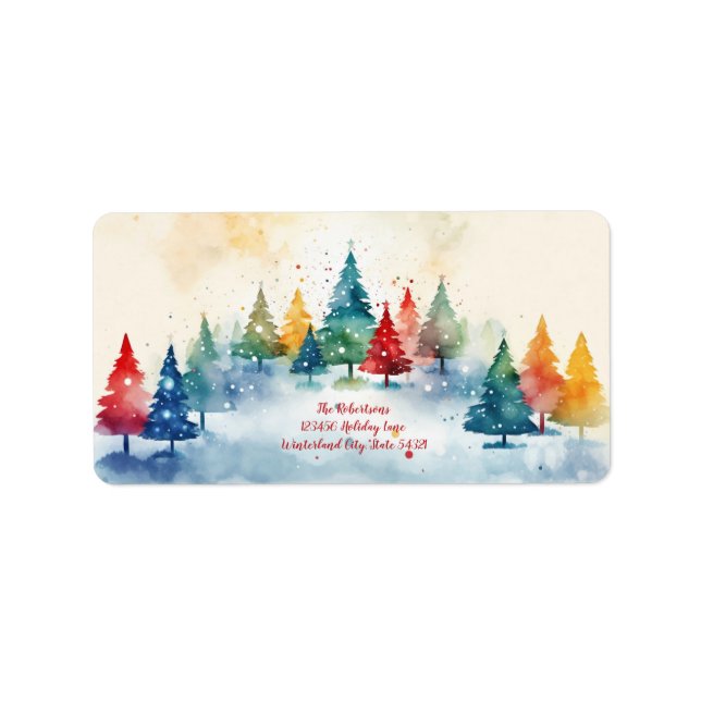 Colourful Pine Trees Christmas Label (Front)