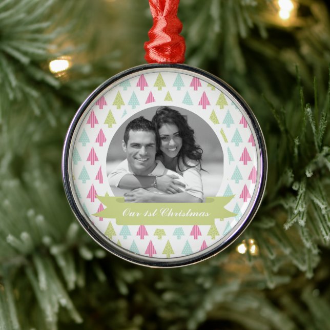 Colourful Pine Trees Christmas Photo Metal Ornament (Tree)