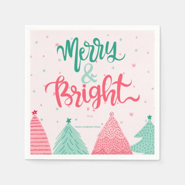 Colourful Pine Trees Merry & Bright Pink Napkin (Front)
