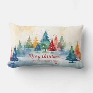 Colourful Pine Trees Merry Christmas Lumbar Pillow