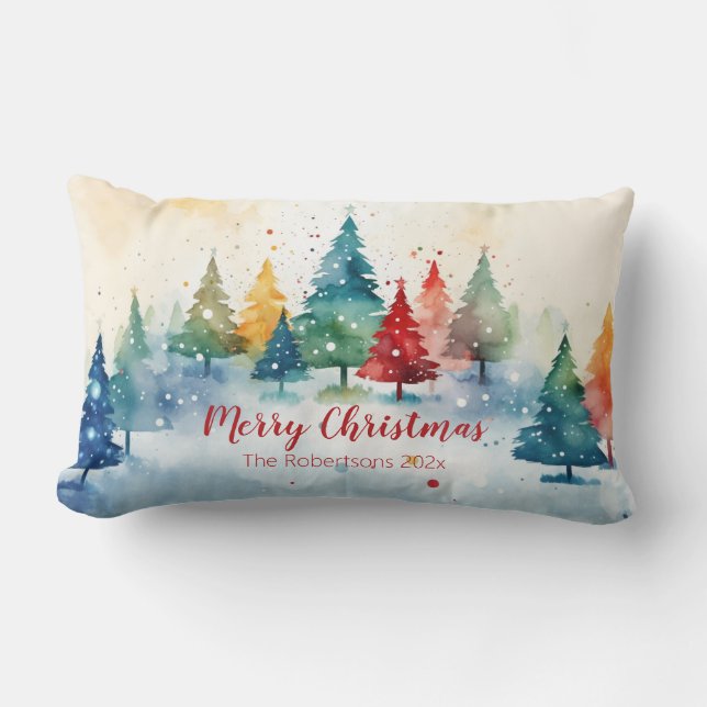 Colourful Pine Trees Merry Christmas Lumbar Pillow (Front)