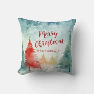 Colourful Pine Trees Merry Christmas Throw Pillow