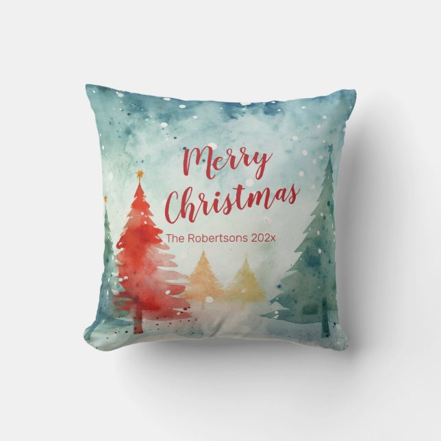 Colourful Pine Trees Merry Christmas Throw Pillow (Front)