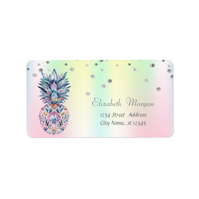 Colourful Pineapple Confetti Holographic Iridescen Label (Front)
