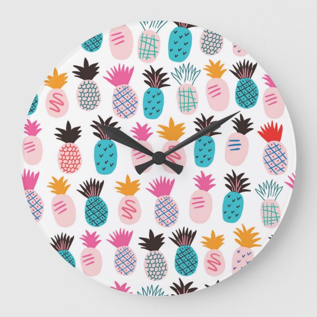 Colourful pineapple leaves, tropical doodle. large clock (Front)