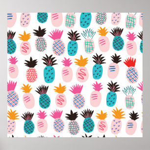 Colourful pineapple leaves, tropical doodle. poster