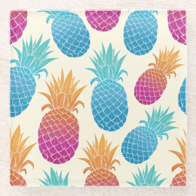 Colourful Pineapple Light Yellow Background Glass Coaster (Front)