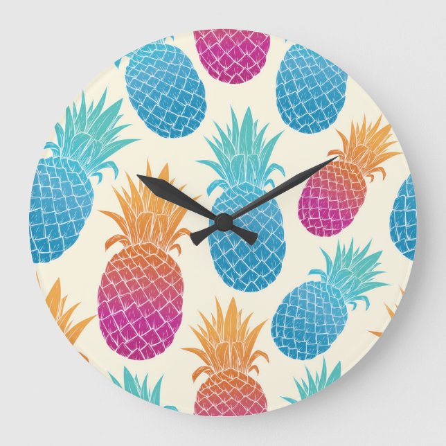Colourful Pineapple Light Yellow Background Large Clock (Front)