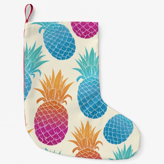 Colourful Pineapple Light Yellow Background Small Christmas Stocking (Front)