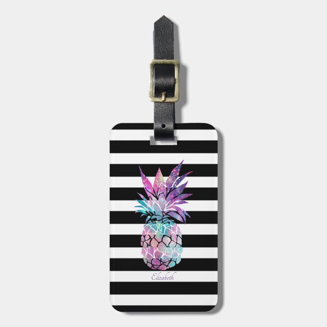 Colourful Pineapple  On Stripes- Personalized Luggage Tag (Front Vertical)
