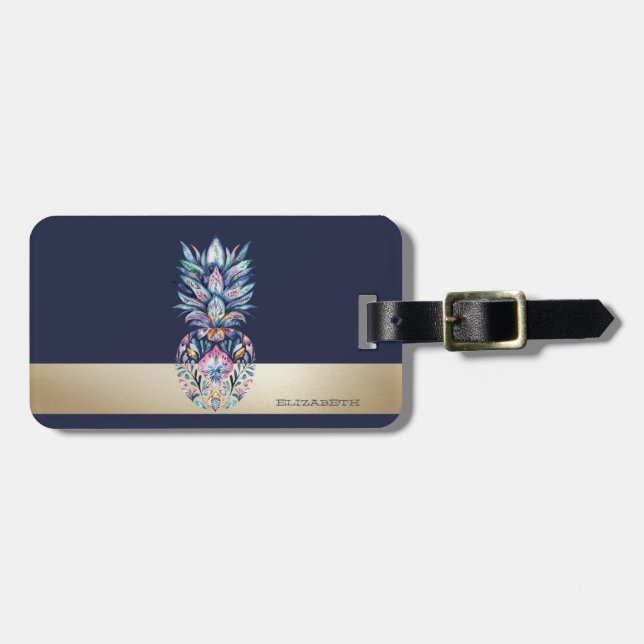 Colourful Pineapple,Stripe Navy Blue Luggage Tag (Front Horizontal)