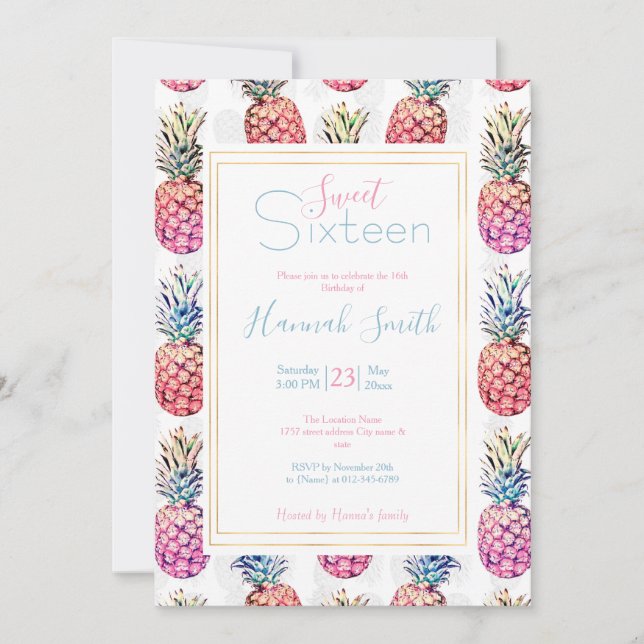 Colourful Pineapples & Foliage Paint White Pattern Invitation (Front)