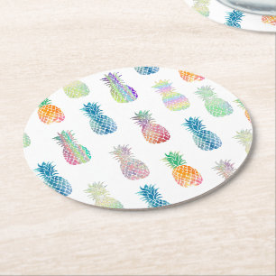 colourful pineapples round paper coaster