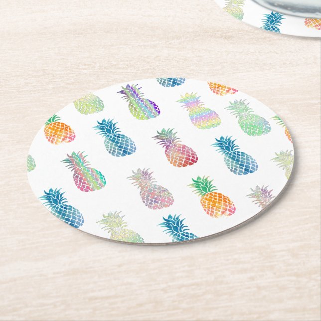 colourful pineapples round paper coaster (Angled)