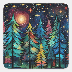 Colourful Pines on a Starry Winter Night Square Sticker