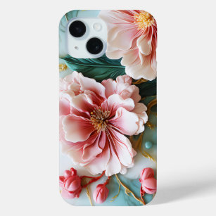 Colourful ping green flowers on marble iPhone 15 case