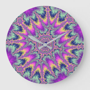 Colourful Pink and Mint Green Rainbow Fractal Large Clock
