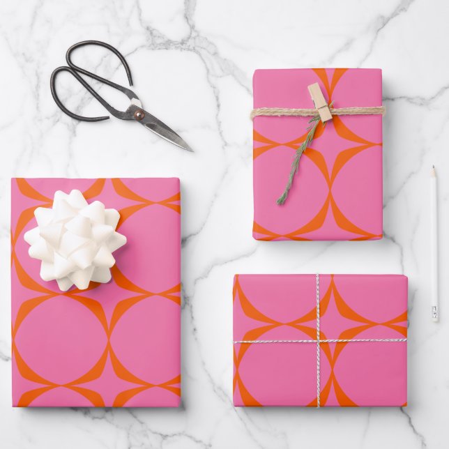 Colourful Pink and Orange Retro Mid Mod Pattern Wrapping Paper Sheet (Front)