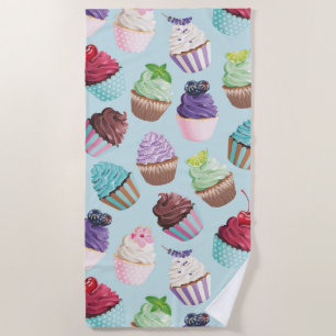 Colourful Pink and Teal Cupcakes Summer Pool Beach Beach Towel