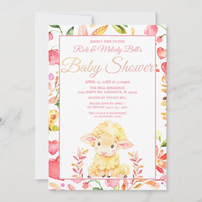Colourful Pink Baby Sheep / Lamb Girl's Baby Showe Invitation (Front)