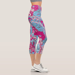 Colourful Pink Blue Modern Abstract Floral Pattern Capri Leggings