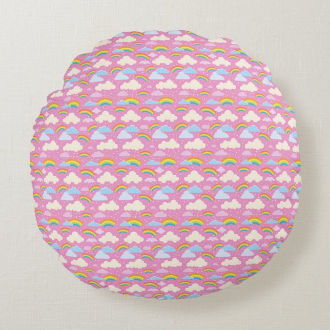 Colourful Pink Clouds and Rainbows Round Pillow (Front)