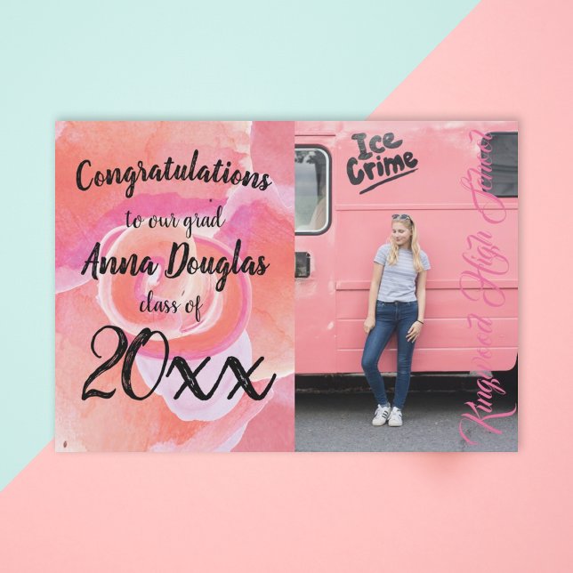 Colourful Pink Coral Floral Graduation Announcemen Invitation (coral pink rose black congratulations grad cute photo card party invitation colorful girlie graduate)