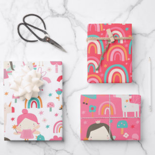 Colourful Pink Fairy And Rainbow Pattern Wrapping Paper Sheet