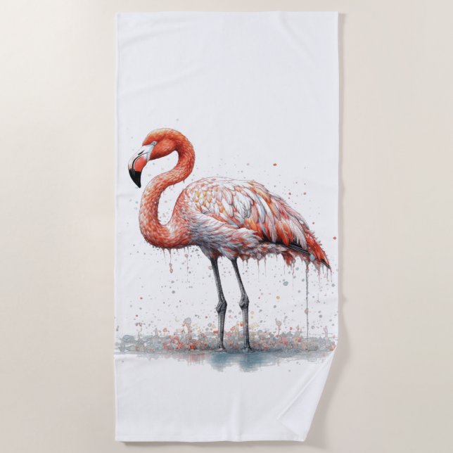 Colourful Pink Flamingo in Pointillism Style Beach Towel (Front)