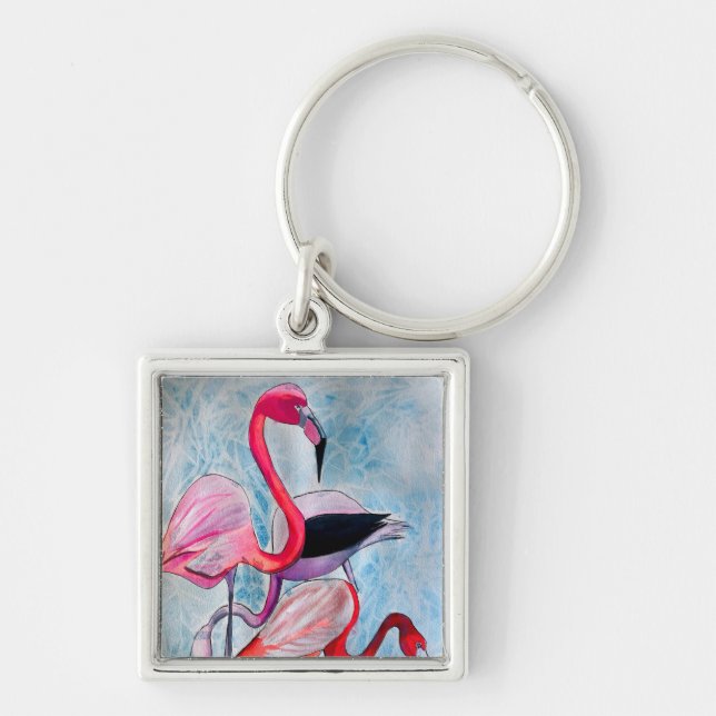 Colourful pink flamingo watercolor art keychain (Front)