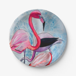 Colourful pink flamingo watercolor art paper plate