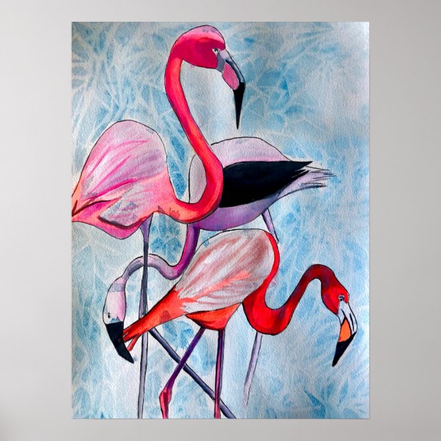 Colourful pink flamingo watercolor art poster (Front)