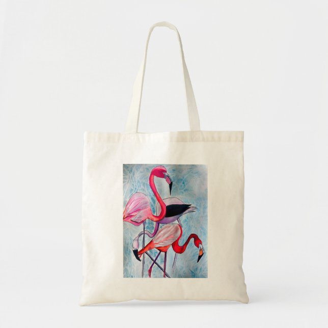 Colourful pink flamingo watercolor art tote bag (Front)