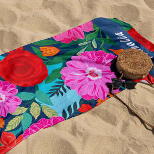 Colourful Pink floral Personalized Vacations Beach Towel